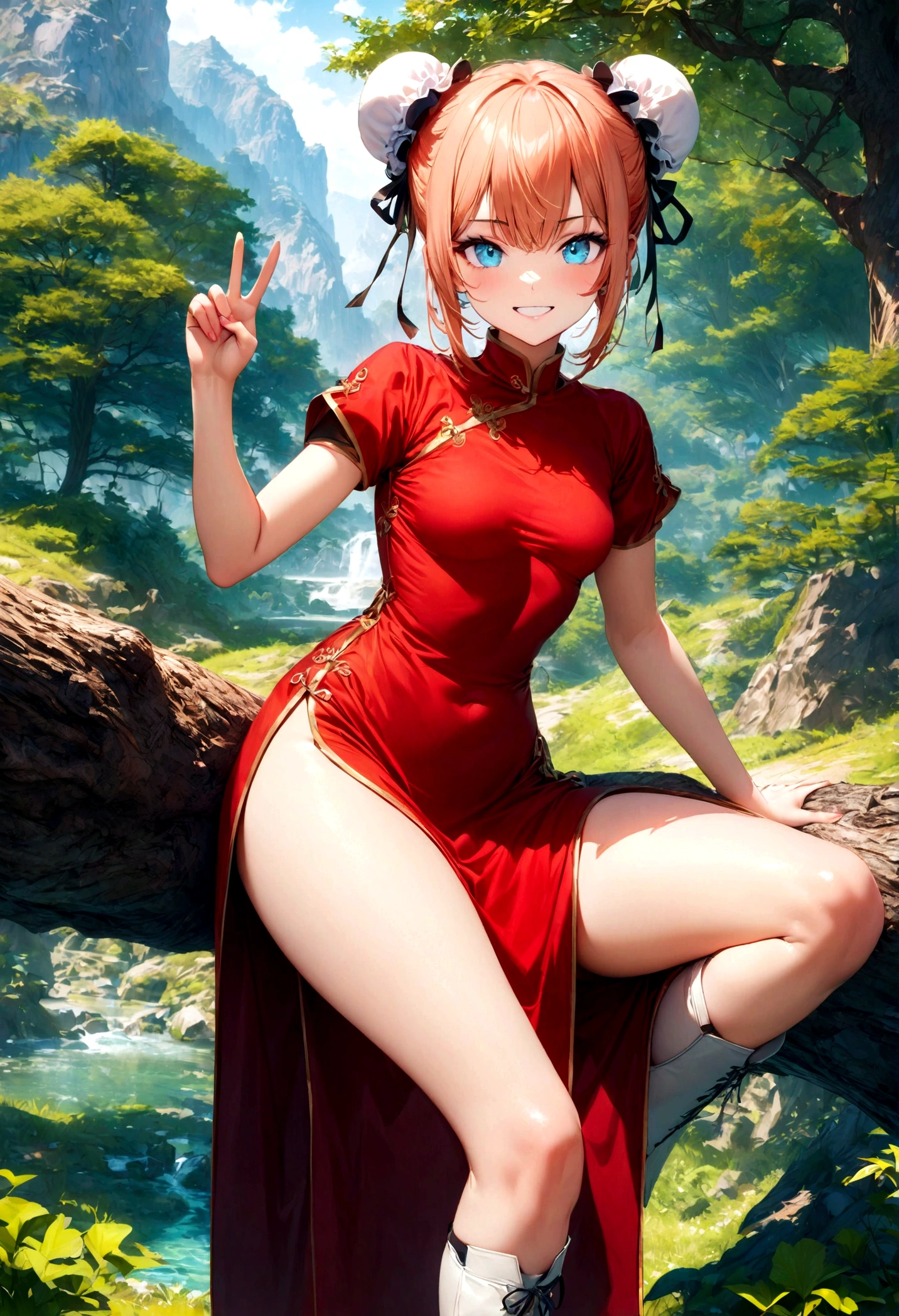 Gintama, Kagura, Orange hair, red dress, double bun, bun cover, china dress, chinese clothes, knee boots, short sleeves, small breasts, Blue eyes, tree, (in_tree), on branch, v,, (masterpiece:1.3), (best_quality:1.3), (ultra_detailed:1.3), 8k, extremely_clear,, 1girl, solo, wide_shot,, outdoors,, insane details, intricate details, hyperdetailed, ultra detailed, extreme detailed, highest detailed, high_detail, colorful, beautiful, hdr, photorealistic, highres, ultra_high_res, photography, aesthetic, extremely_delicate,, seductive_smile,