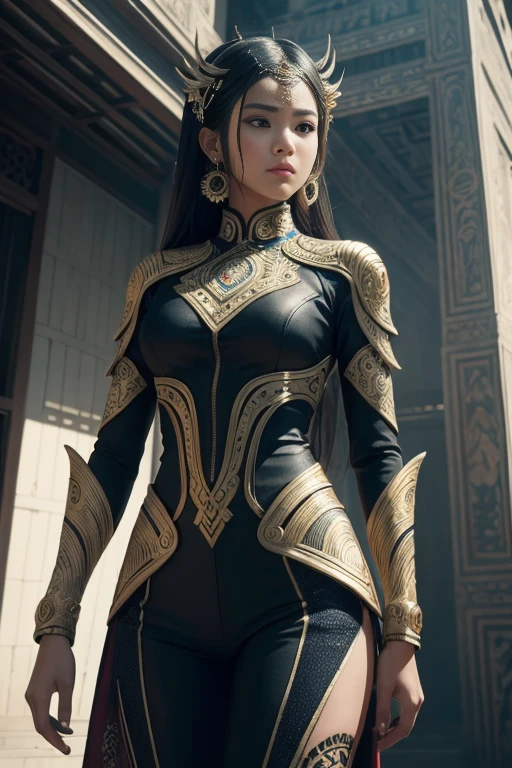 An Indonesian-styled futuristic suit worn by a girl depicting cultural fusion and modern fashion. The suit is adorned with intricate patterns and vibrant colors, showcasing the rich heritage of Indonesia. The girl stands confidently in a dynamic pose, with her detailed eyes reflecting determination and curiosity. The suit's material is a combination of traditional textiles and futuristic synthetic fabrics, giving it a unique and avant-garde appearance. The overall image quality is of the highest standard, with sharp focus and ultra-detailed rendering. The artwork employs physically-based rendering techniques, resulting in realistic lighting and shadows. The colors are vivid and vibrant, capturing the essence of Indonesian cultural aesthetics. The background features a fusion of modern architecture and traditional elements, creating a harmonious blend of the past and the future. The prompt explores the intersection of Indonesian culture, futuristic design, and the artistic representation of a confident girl.