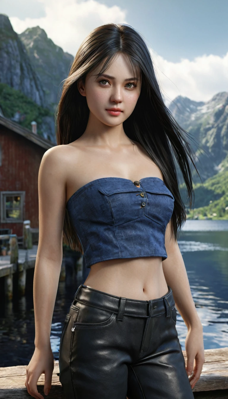 Jill_re4, (standing:1.4),(beautiful face:1.5), 1girl,black hair, very long hair, straight hair, blue strapless tube top, black tight short pants, black shoes, ((upper body)),(realistic:1.7),((best quality)),absurdres,(ultra high res),(photorealistic:1.6),photorealistic,octane render,(hyperrealistic:1.2), (photorealistic face:1.2), (8k), (4k), (Masterpiece),(realistic skin texture), (illustration, cinematic lighting,wallpaper),( beautiful eyes:1.2),((((perfect face)))),(cute),(standing),((looking at viewer)),(dynamic pose:1.3), outdoors, houses, flowers paths, mountains, lake, dock,