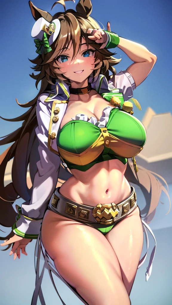 masterpiece, highest quality:1.2), umamusume, One Woman, alone,Shiny skin, 非常に非常にHuge breasts、Thick legs、とてもHuge breasts、Huge breasts、Are standing、Composition from the front、Smiling、Micro Bikini