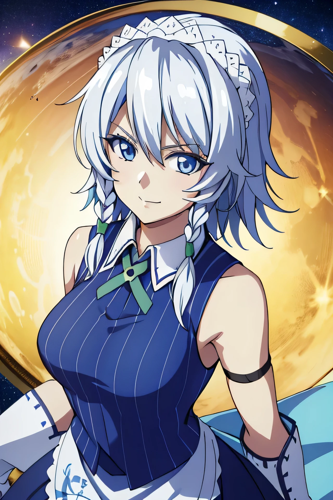 (high-quality, breathtaking),(expressive eyes, perfect face) 1female, female, solo, smiling, warm soft smile, , Venus planet, space background, portrait, upper body, magic, ,  sakuya izayoi, silver hair, maid dress, white apron, very short skirt, sexy pose,, sleeveless outfit, detailed face, detailed eyes, fresh blue eyes, big green ribbons, blue outfit, small-to-medium breasts, white hair, bowtie girl, white maid headband, close up, upper body
