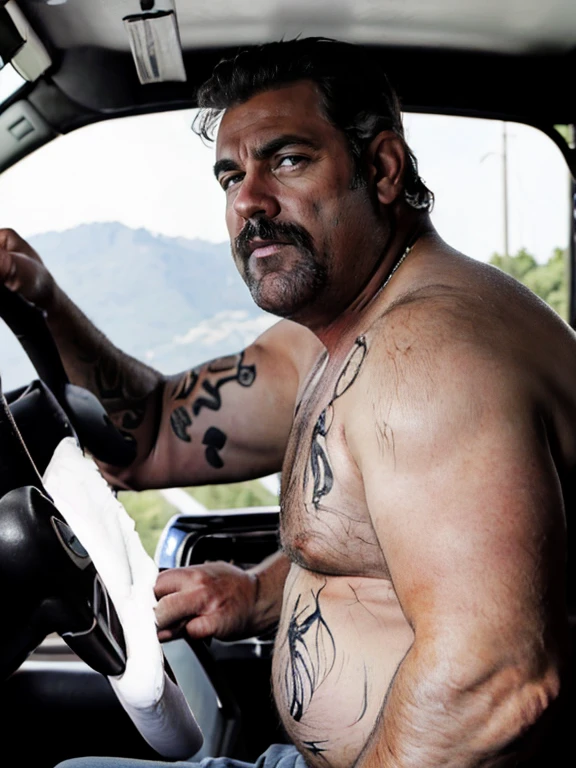 masutepiece,High quality,Highly detailed,intense scene, solid, Gritty reality setting for 50 year old sexy fat bearded man,full of sweat,Full body,Big belly,((Wearing a white shirt and white trunks)),Stunned face,Open the legs,In the darkness, 60-year-old truck drivers kissing, boca na boca, olhos fechados apaixonados, corpos gordos, full-bodied truck driver on the left, wearing a messy mustache and wavy hair, White stubble and truck driver, jeans, No meio, vestindo uma camisa xadrez vermelha aberta, corpo grande, forte, barriga robusta vestindo shorts verdes, cabelo cortado nas laterais e cravado por cima, Truck driver on the right has a fat body and a very hairy chest of very large body; Black pants with hairy stomach open at bottom, a huge red and black road truck ((( em um beijo apaixonado))), (((peitoral muito peludo))), tatuados, (((barriga grande))), (rosto detalhado:1.3), (hyper-realistic:1.3), (((fabrica abandonada e suja))), 8k