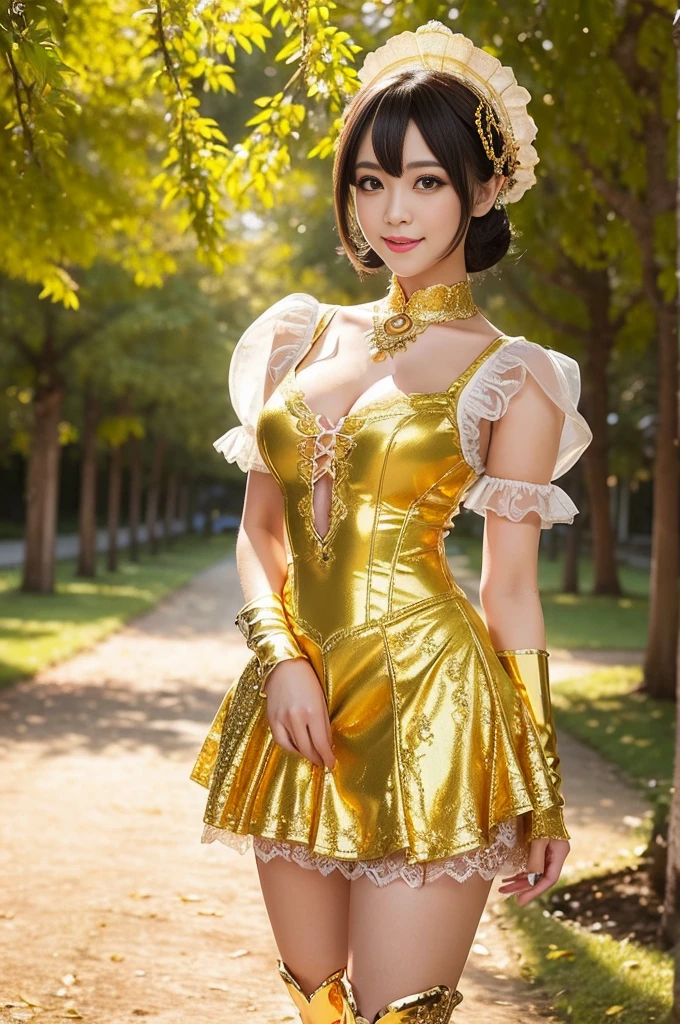 nsfw, sexy golden Thai princess, only 1 female, ((doll-like appearance)), short fuchsia stylish hair, ((shiny Victorian-Style boots)), (big smile), ultra detailed eyes, vivid golden eye makeup, lipgloss, long lashes, defined eyebrows, ((sexy golden Paradise Kiss cosplay)), bell-shaped skirt, petticoats, high neckline, puffed sleeves, ((ultra detailed golden lace)), ((ultra detailed golden embroidery)), intricate details, golden Paradise Kiss accessoires and matching golden headpiece, golden choker, ((large sparkling golden Paradise Kiss jewelry)), cinematic light, detailed large park background with trees