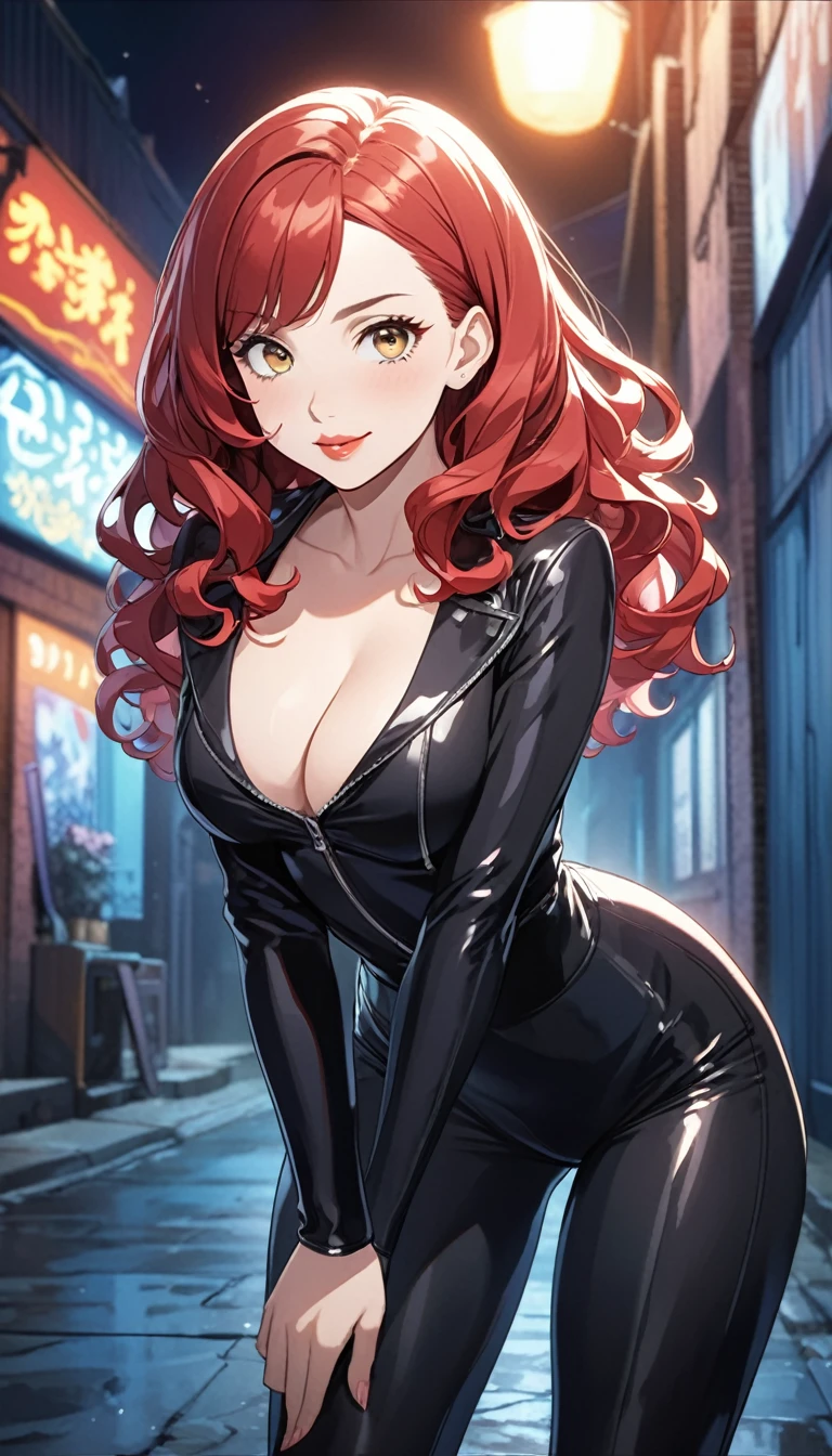 (((masterpiece))),(((High resolution)))、(((8K quality)))、(((Perfect Face)))、((Top quality eyes)), Fujiko Mine of Lupin the Third、fujiko mine, Anime Style、There is a lot of hair in the front、wavy hair, medium hair, swept bangs, red hair, brown eyes, Beautiful Eyes、red and thick lips、Enchanting anime girl, Young woman anime visual, Female Anime Characters、Cleavage、cat suit、cowboy shot, sexy pose, bewitching pose, leaning forward, smile, Night Alley、In front of the bike、