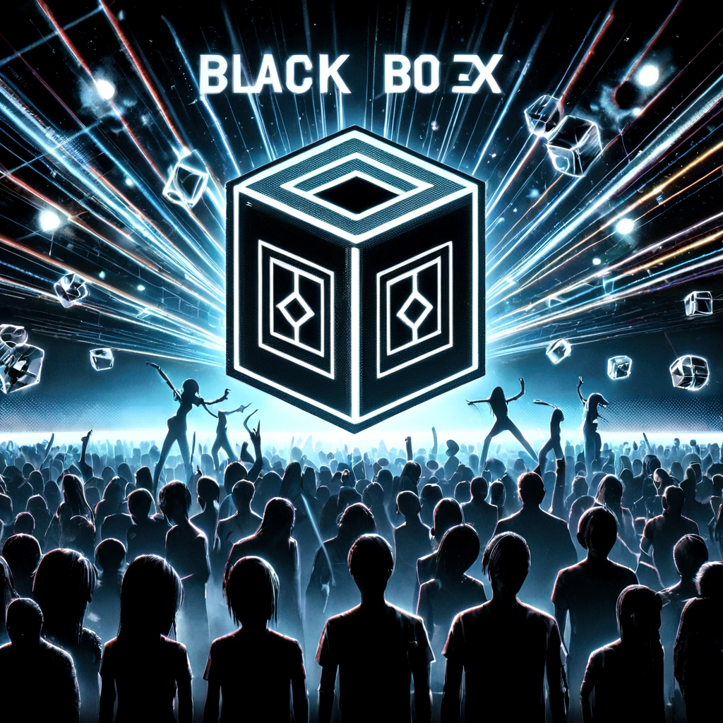 eine Nahaufnahme einer Menschenmenge mit einer schwarzen Box in der Mitte, schwarzer Cyberlox, die Blackbox, black 3D cuboid device, offizielles Kunstwerk, Boombox, Albumcover cover, Box-Art, borg cube, best on adobe stock, VantaSchwarz, black body, Werbekunst, Albumcover, Albumcoverwork, schwarzes Thema