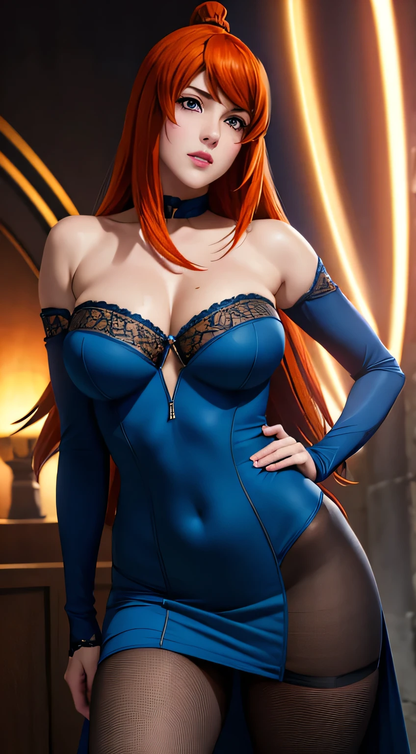 (best quality:1.3), (4k quality),(sharp image), Mei, ((Detailed face)), ((masterpiece face)),((perfect detailed eyes)) (blush), Mei, orange hair, long tied orange hair, green eyes, pink lips, pink lips, sly face, face with stern features, ((detailed face)), perfect face, highly detailed eyes, ((adult face)), masterpiece, absurdres , (intricate details), (colorful),cinematic lighting, extremely detailed CG unity 8k wallpaper , 1girl, solo, mature female, erected tits, fit body, cameltoe, ((tight blue tight dress)), fit slim body, standing in seductive pose