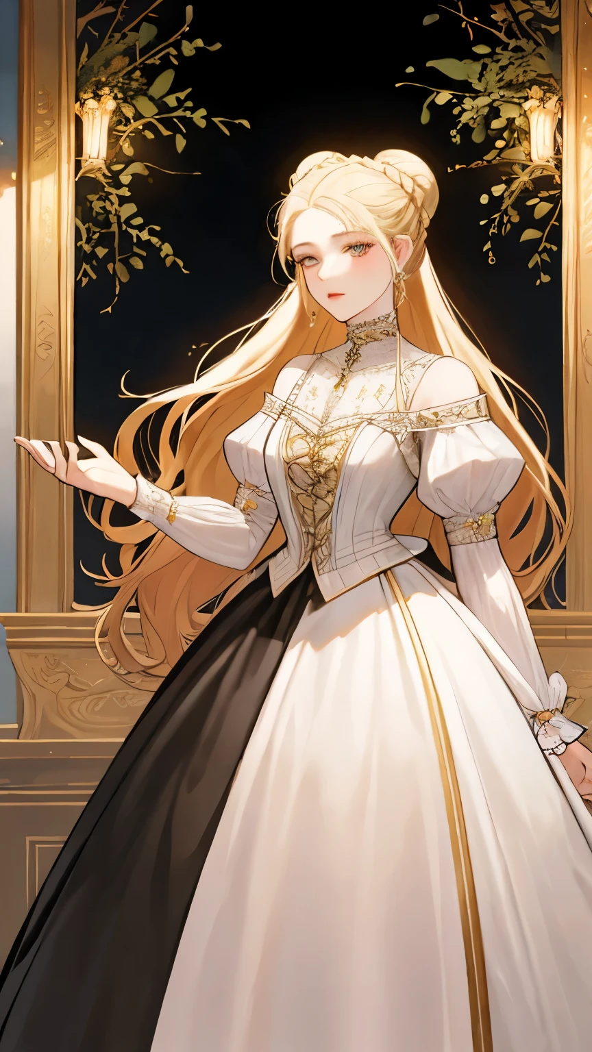 Beautiful aristocratic woman of victorian era, Europe in the 18th century, Long blond hair，Exquisite high bun braid hairstyle, curls, elegant ballroom dress, Standing in the luxurious banquet hall, Delicate and meticulous, 8K, Reality, Dramatic Lighting, high quality, Complex design, classical portrait