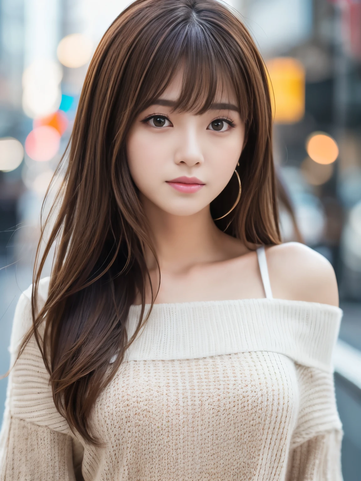 Ultra High Definition, Superior Quality, Premier Quality, ultra detailed, Photorealistic, 8k, RAW Photos, highest quality, masterpiece, Attractive girl, Stunning girl, Brown Hair, Shoulder Length Layered, asymmetrical bangs, K-pop Idol, Sophisticated, Stylish, white knit, Shibuya,
