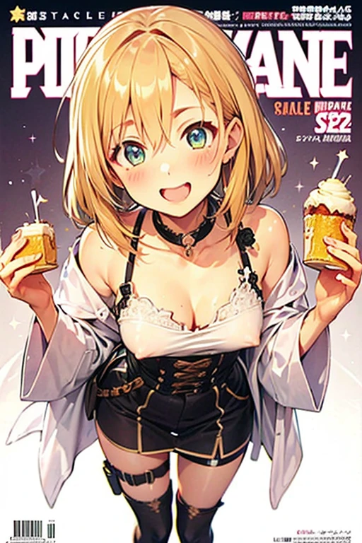 (small breasts:1.2), (perky chest:1.2), (pointed chest:1.2), (Pudding cake magazine cover:1.3),(from above:1.0),(shoot from the side:1.1),masterpiece, 1girl, Amazing Cleavage:1.1, thin waist, optimum,tmasterpiece,hight resolution,best qualtiy,hyper HD,super detailing,awardwinning,a 18yo cute girl,(The upper part of the body),anatomy correct,Beautiful Black miniskirt,garters,Gaze,Small face,bangss,holster,Beautuful Women,hands up,leg holster,Gaze,black boots,Cowboy Shot,cute face,a blond,Longhaire,Twin-tailed,Braids, Hairline,（scarlet eyes）,long eyelasher,Hanging eye corners,White skin of the, ((see through camisole:1.1)), ((Sheer nipples:1.0)),Rocket Tits,(Slim body),smile,seductive weak smiling,(with sparkling eyes and a contagious smile),little open mouth, Looking at Viewer,
