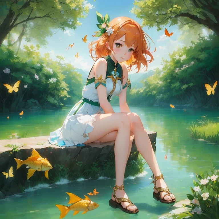 anime girl sitting on a rock with a fish in the water, cushart krenz key art feminine, trending on artstation pixiv, goddess of summer, rin, official art, the goddess of summer, marin kitagawa fanart, by Kamagurka, made with anime painter studio, official artwork, guweiz on pixiv artstation