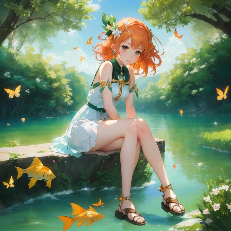 anime girl sitting on a rock with a fish in the water, cushart krenz key art feminine, trending on artstation pixiv, goddess of summer, rin, official art, the goddess of summer, marin kitagawa fanart, by Kamagurka, made with anime painter studio, official artwork, guweiz on pixiv artstation