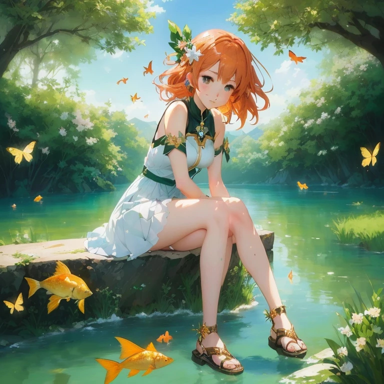 anime girl sitting on a rock with a fish in the water, cushart krenz key art feminine, trending on artstation pixiv, goddess of summer, rin, official art, the goddess of summer, marin kitagawa fanart, by Kamagurka, made with anime painter studio, official artwork, guweiz on pixiv artstation