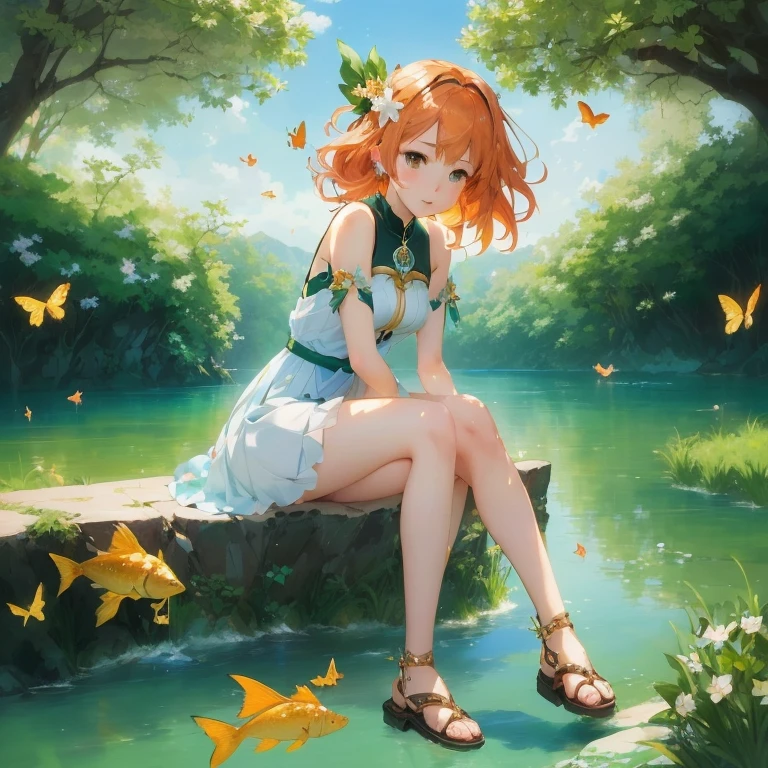 anime girl sitting on a rock with a fish in the water, cushart krenz key art feminine, trending on artstation pixiv, goddess of summer, rin, official art, the goddess of summer, marin kitagawa fanart, by Kamagurka, made with anime painter studio, official artwork, guweiz on pixiv artstation