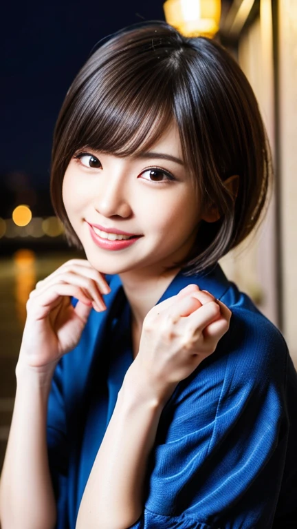 A beautiful japanese girl, beautiful detailed eyes, beautiful detailed lips, extremely detailed eyes and face, longeyelashes, slender woman body, yukata slim fit, beautiful short hair, big smile, incredibly beautiful skin, professional lighting, bright lighting, photorealistic, 8k, high resolution, best quality, masterpiece, ultra-detailed, vivid colors, moonlit night