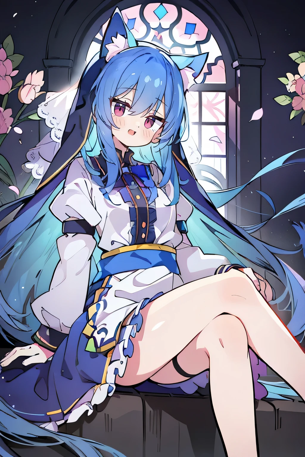 (masterpiece:1.2),Extremely detailed,Practical,expressive eyes,Fair skin,Perfect face shaping,1 Girl,
Japanese cartoons,Gorgeous blue hair, the long flowing blue hair,Floating clothes,Cat ears,Petals fall,beautiful lola,Angel,
Place your hands on your waist,sit elegantly on the ground,Cross your legs,Gentle and peaceful background,stately church,nun,torn clothes.