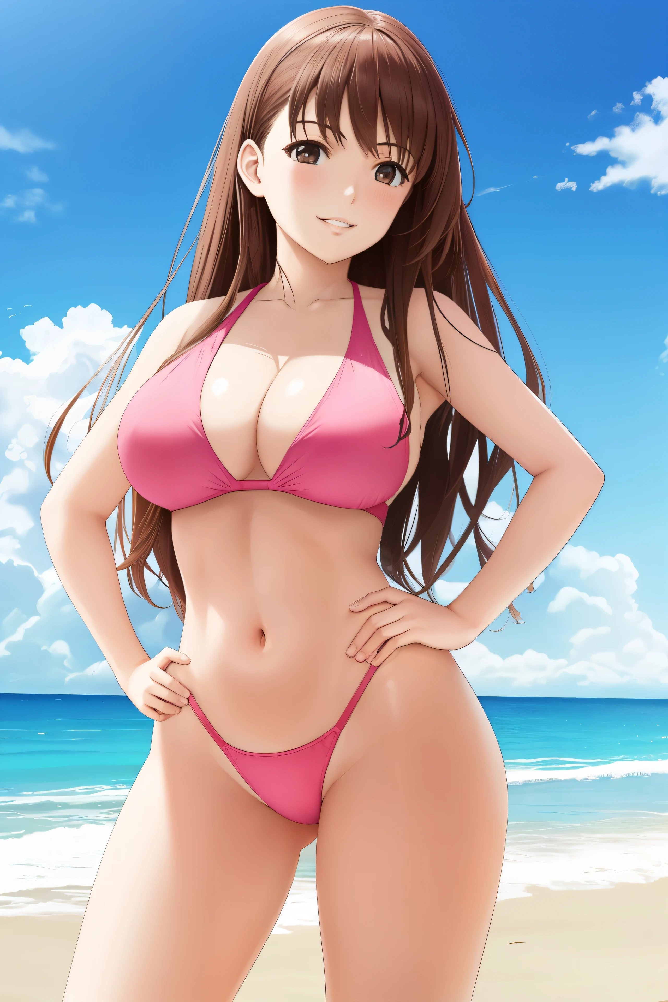 Young woman on the beach, Wearing a pink two-piece swimsuit, Pale skin, Strong Body, Hands on hips, Long dark brown hair, Hazel Eyes, Pause, Grin, Huge breasts