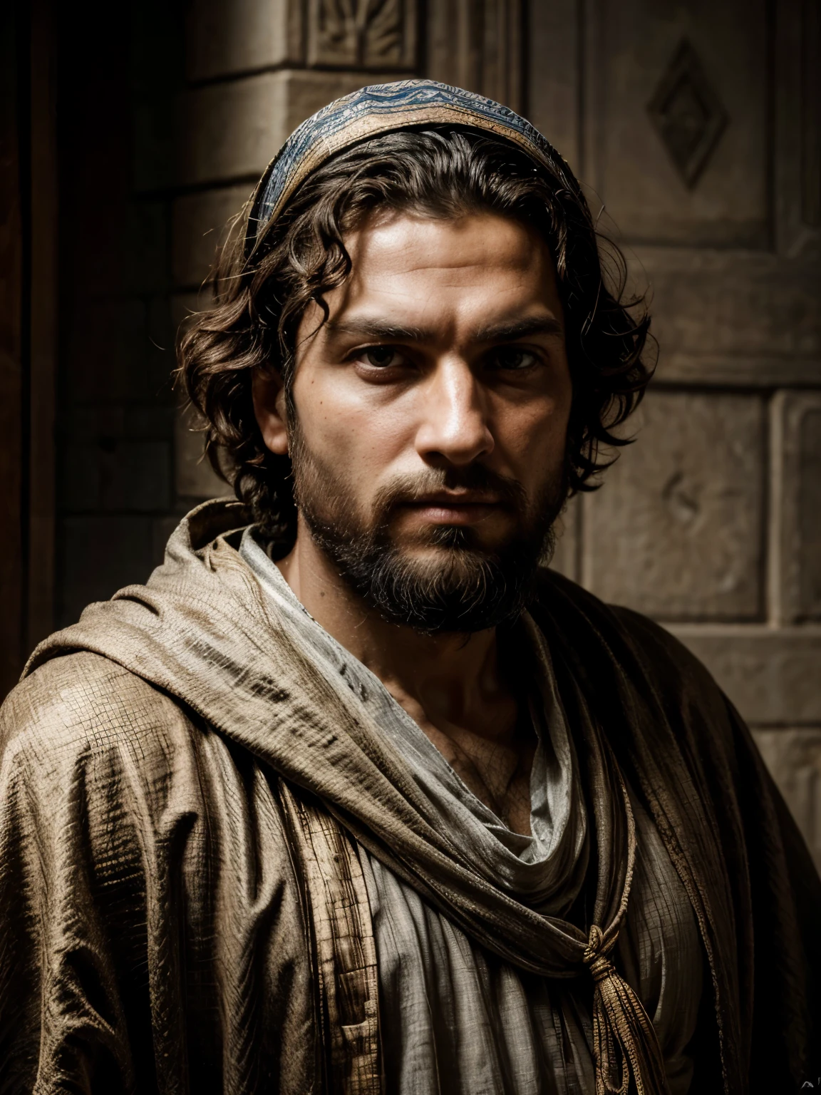 Jan Matejko's style, a portrait of a man, the biblical Barabash, aged 33, his face is very similar to the face of Jesus, a menacing facial expression, curly unkempt short hair and a ruffled short beard, dressed in an old costume from the era of the Roman Empire, characteristic of the Semitic and Jewish peoples. On his head is an old cloth wrap. The whole set against the background of the architecture of old Jerusalem, the face illuminated by sunlight creating an interesting chiaroscuro. The shading is so detailed with photorealistic precision worthy of 4K resolution.