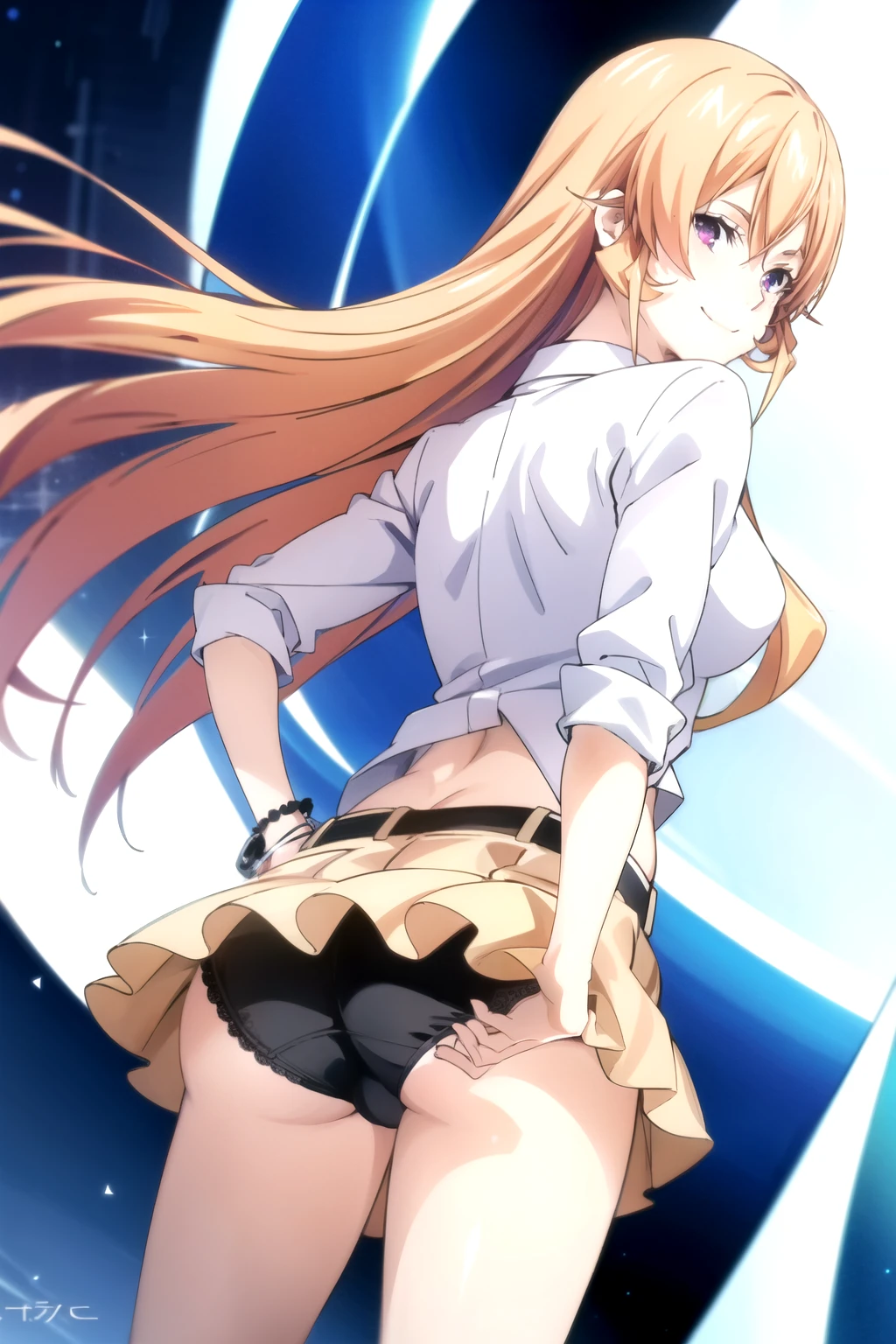 tall body, tall, long legs, mature female, mature, adult, Erina_Prodigy, 1girl, solo, purple eyes, long hair, smile, looking at viewer, Girl from behind, looking back, smiling, short skirt, you can see her butt and panties.
