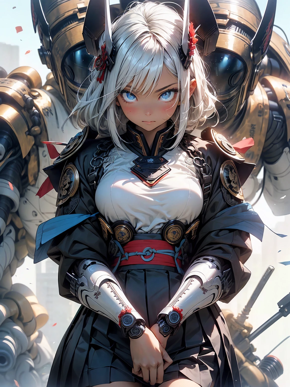 (Subtle manga style:1.1), Cool Beauty, (One Woman:1.0), (20-year-old:1.0), (Small breasts:1.2), Fractal Art、Abstract background、(Wide Shot:1.0), (Depth of written boundary:1.1), break、（Anime Face:1.0), (Clear blue eyes:1.0), (Cybernetic Genoid:1.1), (Very detailed mech suit:1.3), (Long golden hair:1.0), (black luxury samurai kimono）、（Skirt:1.3), (Decorative embroidery:1.0), (Angel Wings:1.1), high class mechanical armor、Hawken、Close your mouth、Detailed face、Detailed eyes