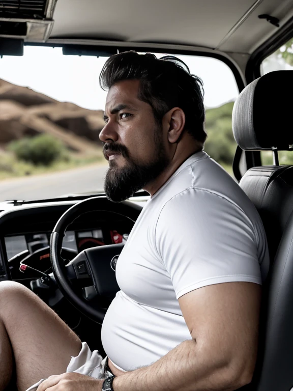 masutepiece,High quality,Highly detailed,intense scene, solid, Gritty reality setting for 50 year old sexy fat bearded man,full of sweat,Full body,Big belly,((Wearing a white shirt and white trunks)),Stunned face,Open the legs,In the darkness, 60-year-old truck drivers kissing, boca na boca, olhos fechados apaixonados, corpos gordos, full-bodied truck driver on the left, wearing a messy mustache and wavy hair, White stubble and truck driver, usando apenas sunga amarela ou branco ou vermelho camiseta desabotoado camiseta aberta , No meio, vestindo uma camisa xadrez vermelha aberta, corpo grande, forte, barriga robusta vestindo shorts verdes, cabelo cortado nas laterais e cravado por cima, Truck driver on the right has a fat body and a very hairy chest of very large body; Black pants with hairy stomach open at bottom, a huge red and black road truck ((( em um beijo apaixonado))), (((peitoral muito peludo))), tatuados, (((barriga grande))), (rosto detalhado:1.3), (hyper-realistic:1.3), (((fabrica abandonada e suja))), 8k