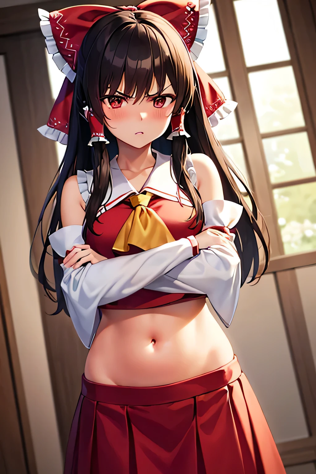 super fine illustration, vibrant colors, masterpiece, sharp focus, best quality, depth of field, cinematic lighting, ultra detailed, blush, angry, pursed lips, belly button, tummy, shrine maiden, hakurei reimu, 1girl, hair bow, ascot, hair tubes, detached sleeves, looking down, red shirt, red skirt, long skirt, long hair, dark brown hair, indoors, mature woman, crossed arms