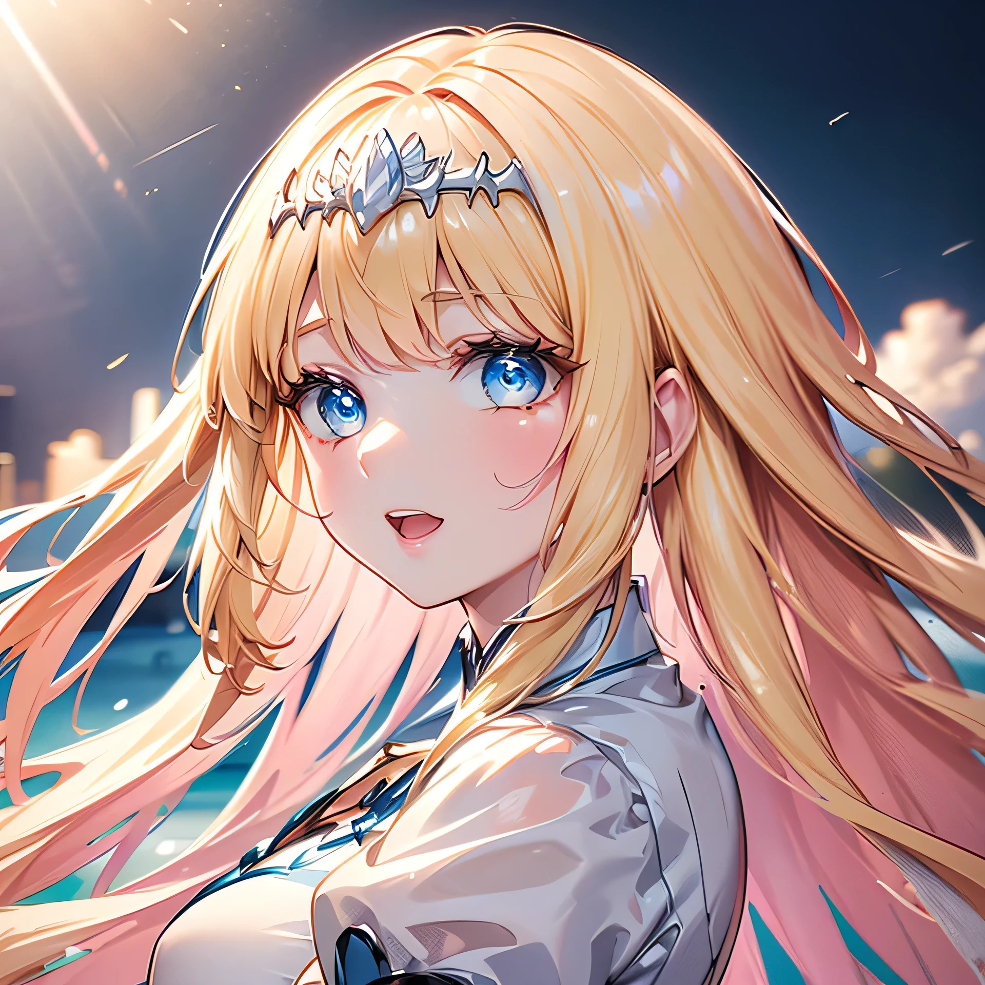 masutepiece, Highest Quality, (Perfect face:1.1), (high detailing:1.1), (ultradetailed eyes), Dramatic, superfine illustration, Extremely detailed, 1girl in, (pale skin), Ethereal eyes, Blue eyes,blush,Solo,Smile, Happy, Laugh, Enjoy, Open mouth, Pouty lips,Cinematic lighting, Looking at Viewer, Cowboy Shot,, reaching out, from side, botanical garden, 1girl, solo, Calca, Calca Bessarez, blonde hair, (extremely long hair:1.3), very long hair, white tiara, white dress, blue eyes, medium chest, full body