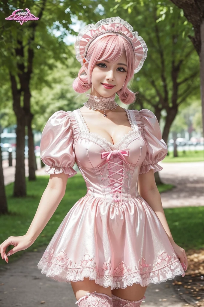 (nsfw), sexy stylish Swedish model, only 1 female, ((doll-like appearance)), short neon pink stylish hair, ((shiny Victorian-Style boots)), (big smile), ultra detailed eyes, vivid eye makeup, lipgloss, long lashes, defined eyebrows, ((sexy Paradise Kiss cosplay)), bell-shaped skirt, petticoats, high neckline, puffed sleeves, ((ultra detailed lace)), ((ultra detailed embroidery)), intricate details, Paradise Kiss accessoires and matching headpiece, choker, ((large sparkling Paradise Kiss jewelry)), cinematic light, detailed large park background with trees
