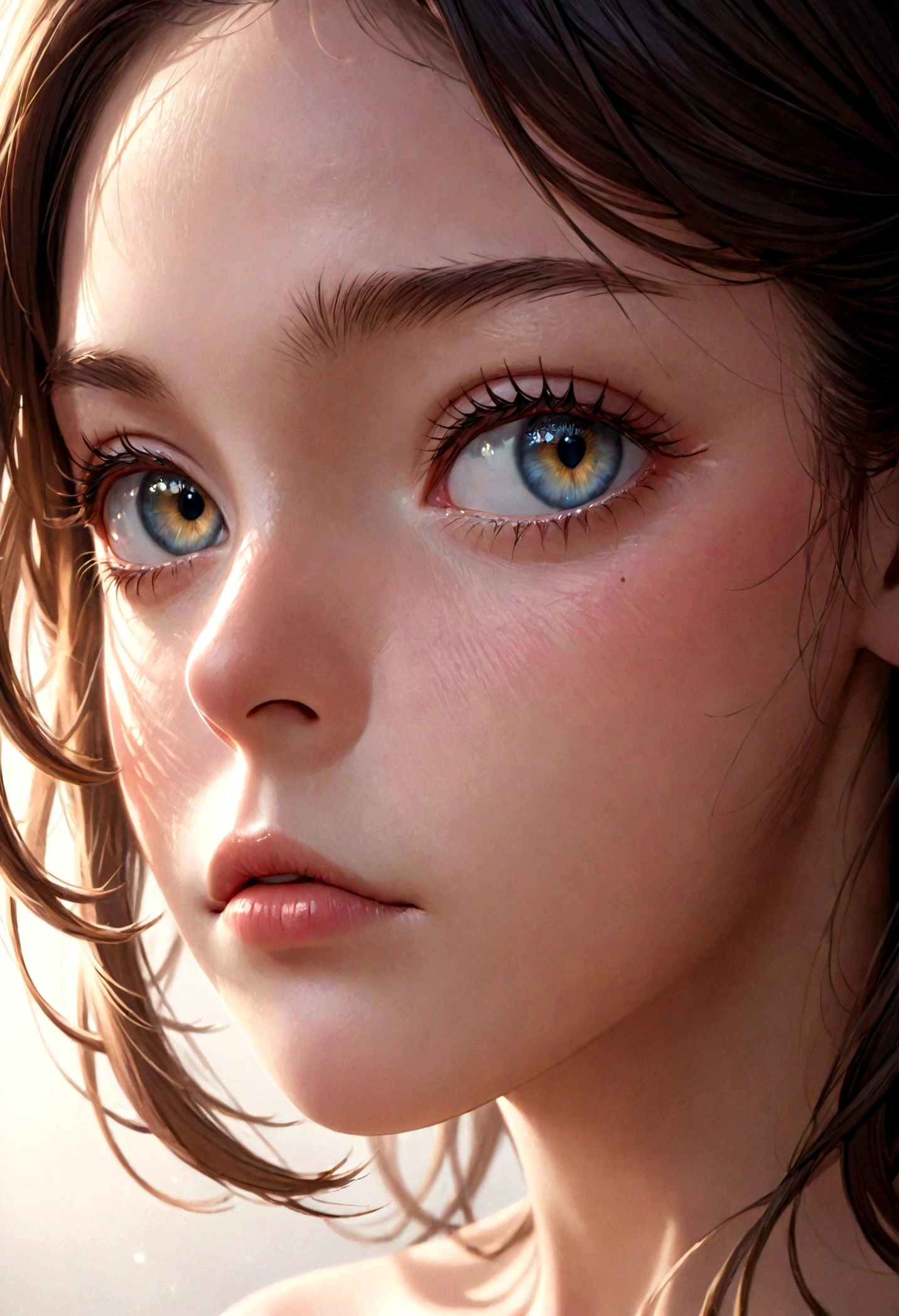 a detailed close-up portrait of a beautiful young woman, perfect skin, big beautiful eyes, long lashes, delicate nose, full lips, soft facial features, natural lighting, high resolution, 8k, hyper detailed, photorealistic, cinematic, dramatic lighting, warm color tones, glowing skin