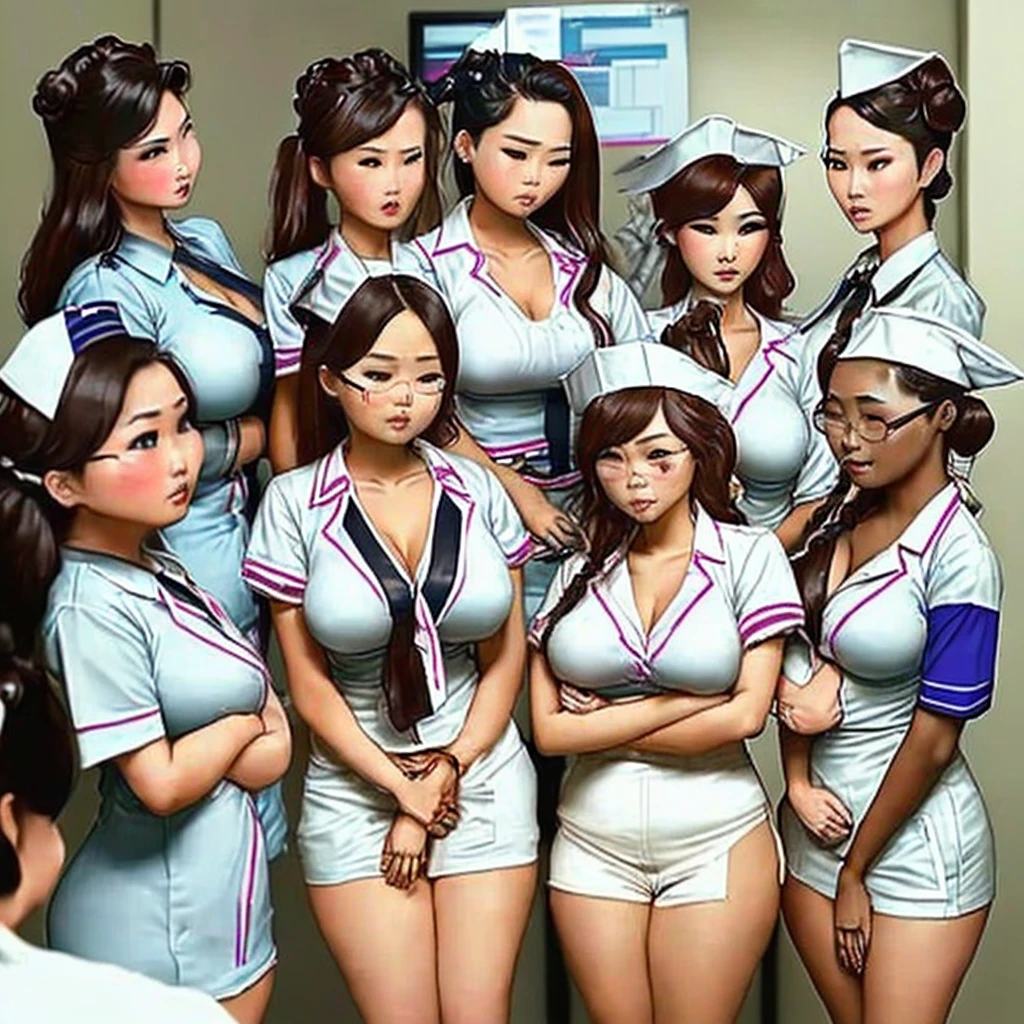 A group of extremely sexy, busty, young Malaysian nurses is sexy uniforms are gathered around a patient they are worried about (safe for work)