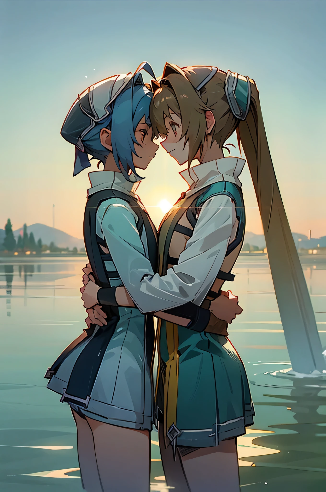 （masterpiece，high quality），2 Girls，yori，Anime Girl，Look at each other，Hug each other，Gentle eyes，Medium chest，Wet shirt，（Standing in the lake），morning glow：1.2，Side view