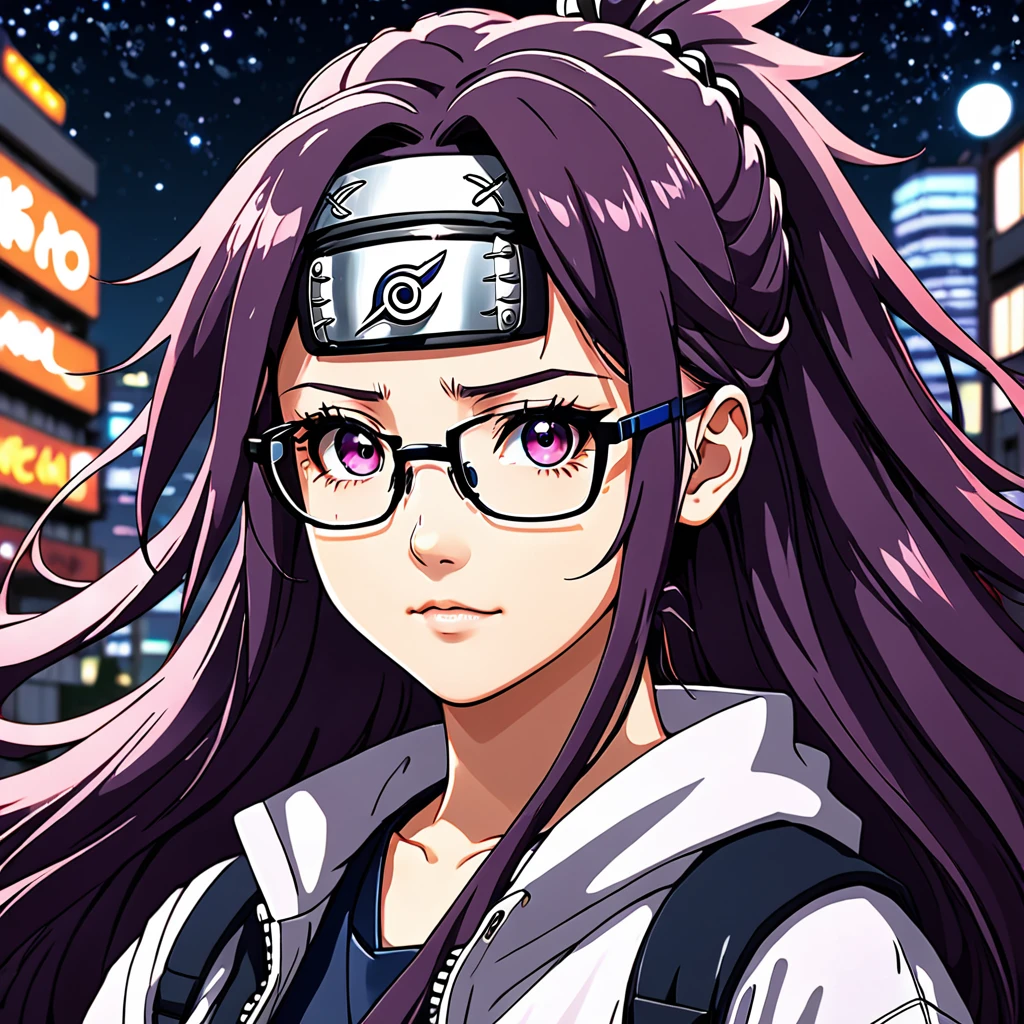 anime girl with glasses and long hair, anime visual of a cute girl, anime style. 8k, pin on anime, anime vibes, anime style 4 k, anime moe artstyle, anime aesthetic, anime girl desktop background, anime visuals, anime girl with real hair, ethereal anime, anime girl with long hair, beautiful anime portrait , anime , naruto, naruto anime, sharingan background, night time, dark , sharingan , wearing naruto headband
