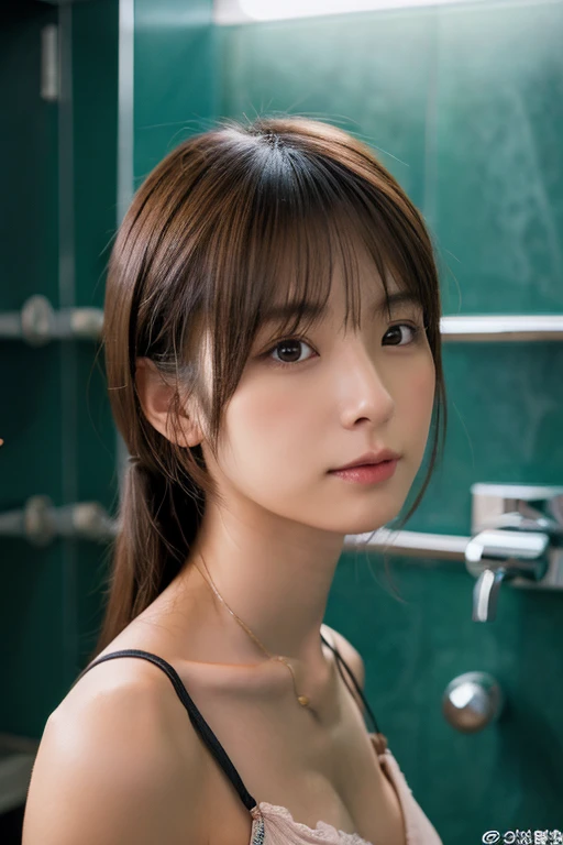 (Highly realistic photos, High resolution, Detailed face, Fine Eyes), ((Shot in the bathroom))、Japanese women, 20-year-old, ,A little dark, alone:1, Slim figure, ponytail, one in the photo、nude、Photographed in natural light、Simple Necklace、Full Body Shot、profile、Dark brown hair color、View your viewers、Cowgirl、Penis insertion、Feeling face