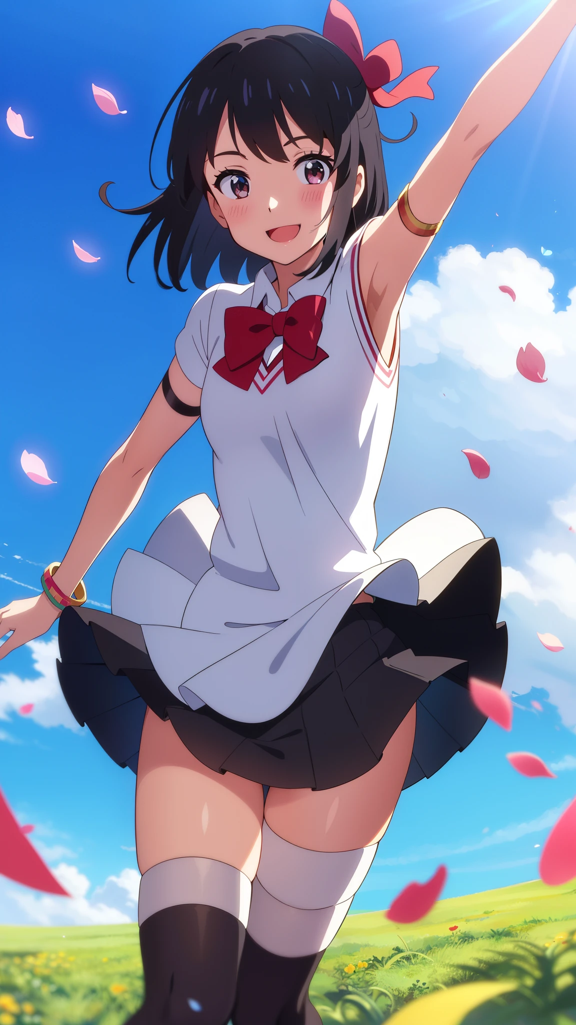 modelshoot style, masterpiece, absurdres, best quality, perfect anatomy, shinkai makoto, kimi no na wa., 1girl, bangs, black hair, brown eyes, blush, solo, idol, short hair, hair flower, ribbon, bow, standing on one leg, armlet, bracelet, arm ribbon, thighhighs, outstretched arm, petals, red headband, floating hair, dynamic pose, cinematic angle, cowboy shot, light particles, sparkle, beautiful detailed eyes, shiny skin, shiny hair, sunbeam, wide shot, depth of field, backlighting, day, beautiful clouds, gradient sky, dappled sunlight, contrail, outdoors, reflective floor, park, flowery meadow, wind, cute, smile, open mouth, :D, cheerleader, pom pom \(cheerleading\), collarbone, layered skirt, pleated skirt, short sleeves, outdoors, school