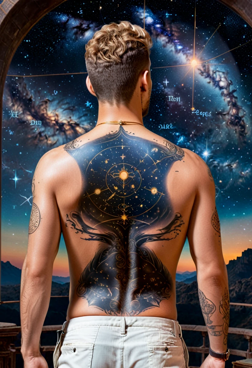 Back Tattoo, mysterious astrologer. In an male ancient observatory, an astrologer reveals back and has a constellation pattern tattoo on it, representing exploration and understanding of the mysteries of the universe, (masterpiece, best quality, Professional, perfect composition, very aesthetic, absurdres, ultra-detailed, intricate details:1.3)