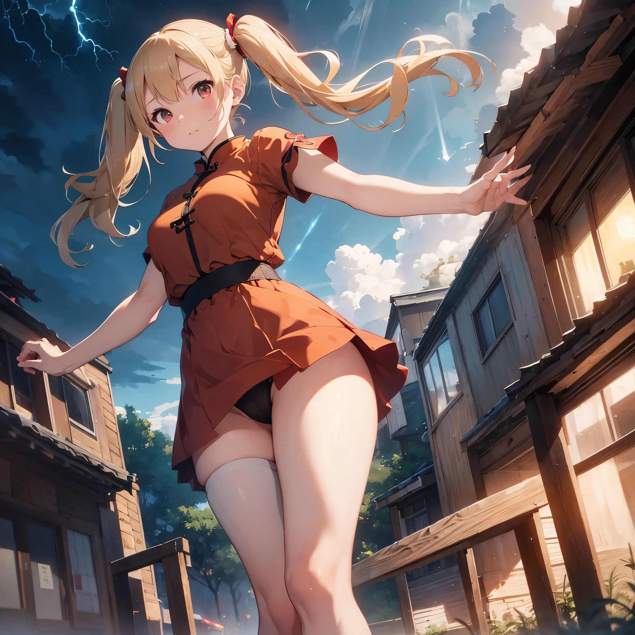 8k, Delicate image quality, best quality, (((blond twintails))), Red qipao, panty hose, 16 year old Beautiful girl, masterpiece, best quality, ultra detailed, Photo taken from below, outdoors, storm, lightning, leg spread,