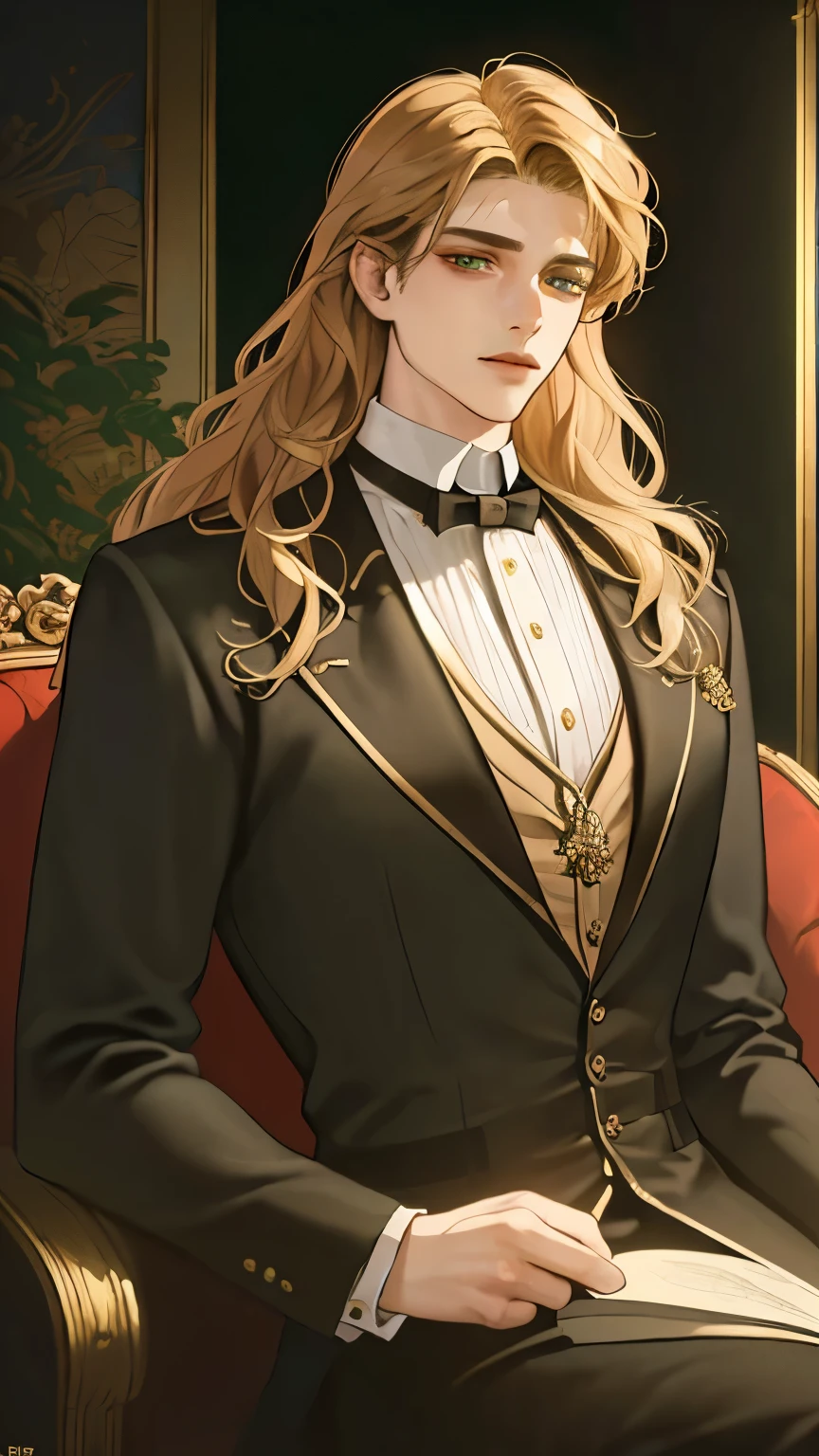 a young 19 year old aristocratic man with golden curly hair and green eyes, victorian era, 18th century europe, formal ballroom, (best quality,4k,8k,highres,masterpiece:1.2),ultra-detailed,(realistic,photorealistic,photo-realistic:1.37),intricate details,ornate decor,dramatic lighting,elegant pose,velvet clothing,aristocratic fashion