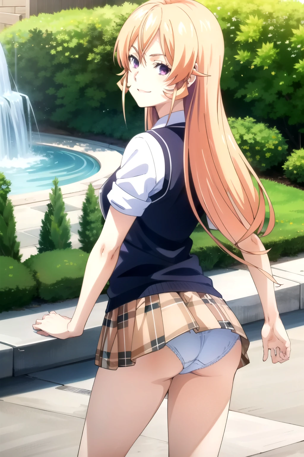 tall body, tall, long legs, mature female, mature, adult, Erina_Prodigy, 1girl, solo, purple eyes, long hair, smile, looking at viewer, Girl from behind, looking back, smiling, short skirt, you can see her butt and panties.