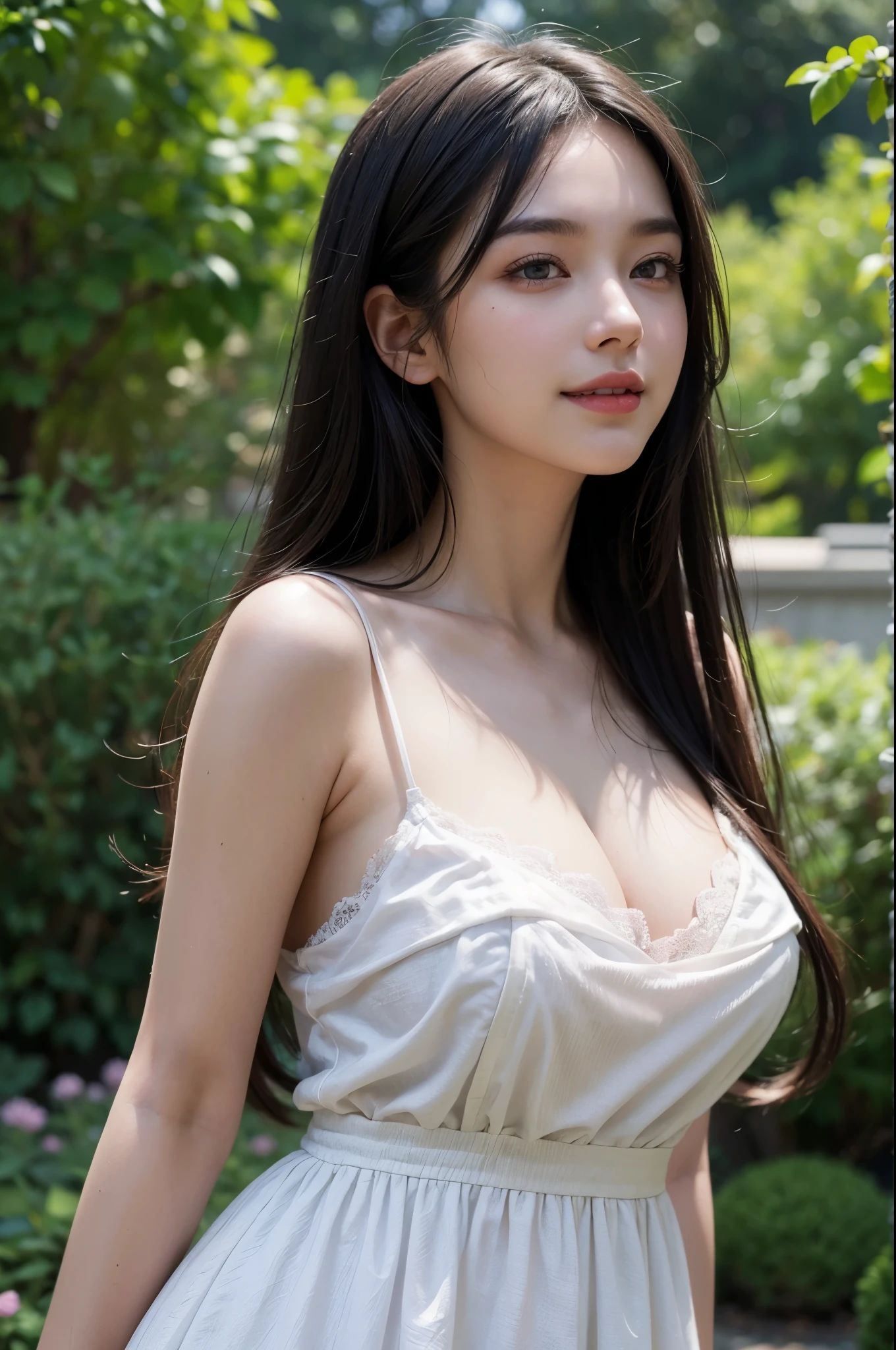 (ultra realistic) , (illustration), (increase resolution), (8K), (extremely detailed), (best illustration), (beautiful detailed eyes), (best quality), (ultra-detailed), (masterpiece), (wallpaper), (detailed face), solo,1 girl, looking at viewers, black straight hair, delicate details, in the dark, deep shadow, low key, pureerosfaceace_v1, happy smile, big breasts, summer dress, full body, garden