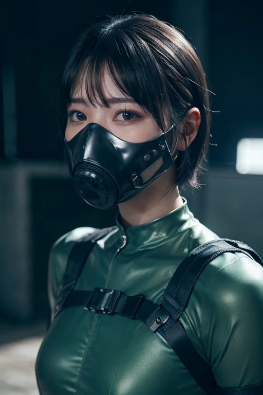 Dark Body 8K Drive Rendering, Teenage Female Cyborg, Green Shortcut Hair, Wear wearing rash-guard likes police uniform, black and gray mecha, wearing high-tech heavy gasmask, military harness, holding a machinegun, battle armor, action SHOT, closes mouth,  ((a closed mouth)), Skin pores, Detailed complex iris, Very dark lighting, heavy shadow, Detailed and detailed face, ((photos realistic, realist, Dramatic, murky, sharp focus, 8?And then)),  ::Futuristic cyberpunk, Realistic style, ::n_digital-painting style