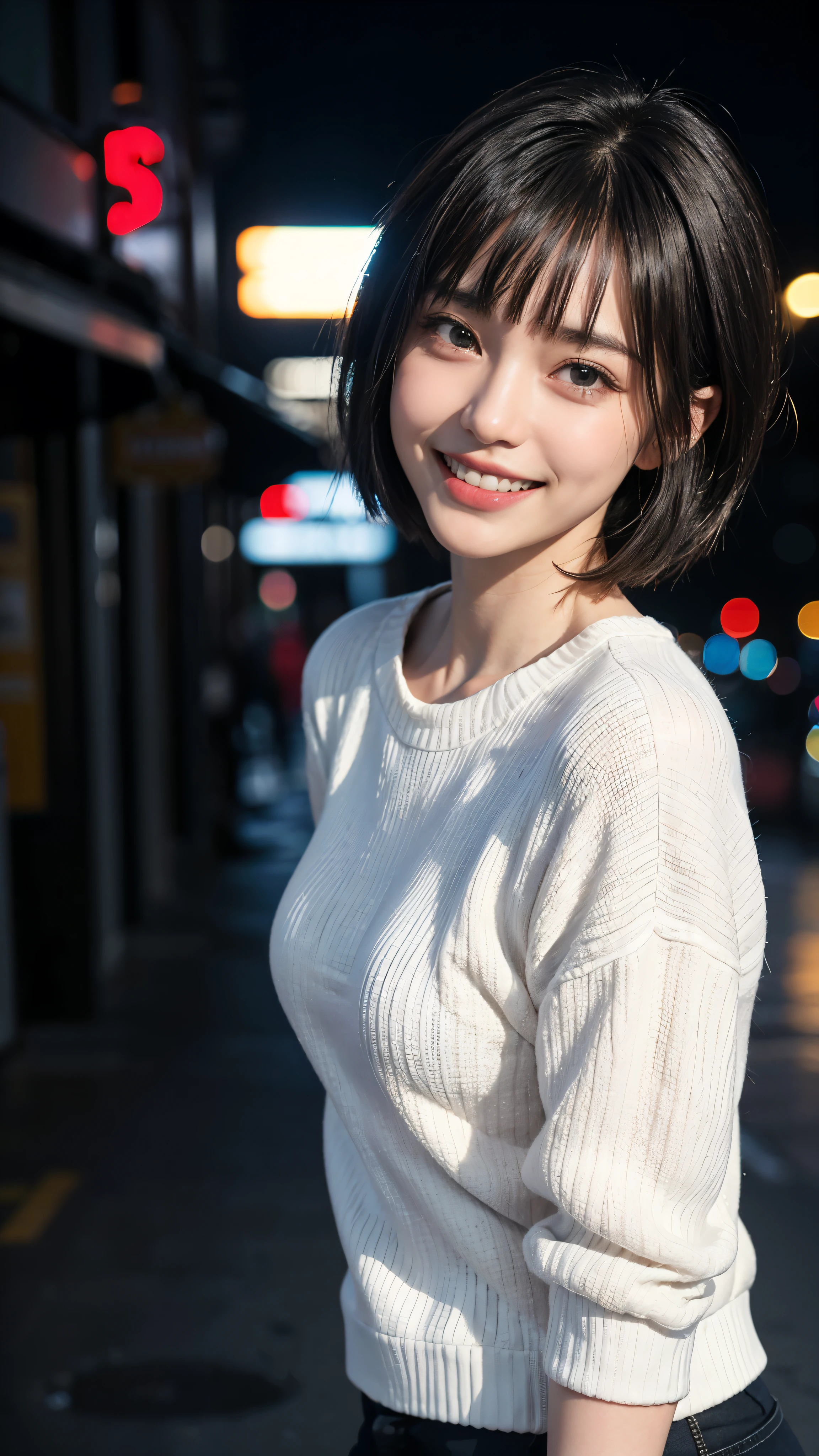 cute 26 year old,1 girl,slim face ,8K,Super realistic image quality,dynamic shadow,sparkling eyes,clear black eyes,movie theater lighting,dark back alley,night,Darkness of the city,suit, ((A smile showing white teeth)),((Open mouth and smile happily)),((short hair)),((very short bangs)),close, 8K, Raw photo, highest quality, masterpiece,realistic, photo-realistic,
Downtown New York、taxi、Sexy white sweater