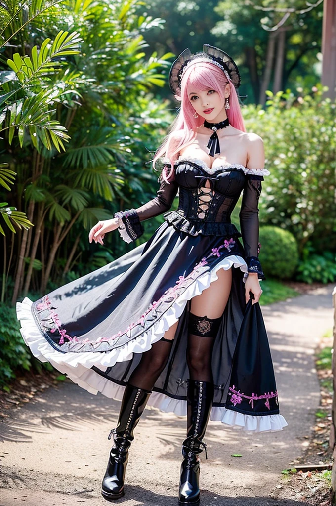 (nsfw), sexy stylish Swedish model, only 1 female, ((doll-like appearance)), short neon pink stylish hair, ((shiny Victorian-Style boots)), (big smile), ultra detailed eyes, vivid eye makeup, lipgloss, long lashes, defined eyebrows, ((sexy Paradise Kiss cosplay)), bell-shaped skirt, petticoats, high neckline, puffed sleeves, ((ultra detailed lace)), ((ultra detailed embroidery)), intricate details, Paradise Kiss accessoires and matching headpiece, choker, ((large sparkling Paradise Kiss jewelry)), cinematic light, detailed large park background with trees