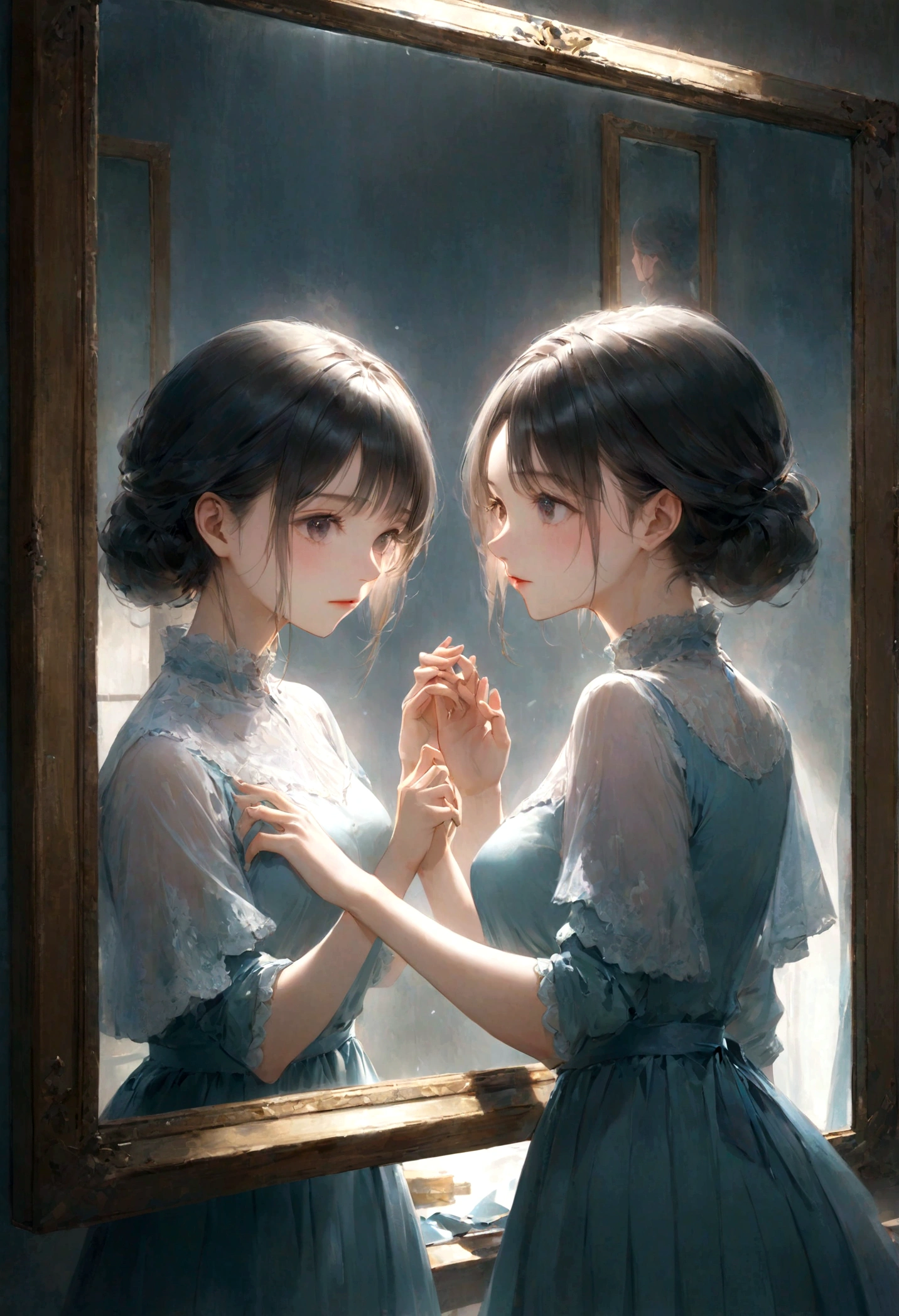 (masterpiece)、(Highest quality:1.1)、(Ultra HD:1.1)、Woman looking at herself in the mirror、A woman looking at herself from inside a mirror and another woman looking at the mirror from outside、They are looking at each other and holding out their hands、