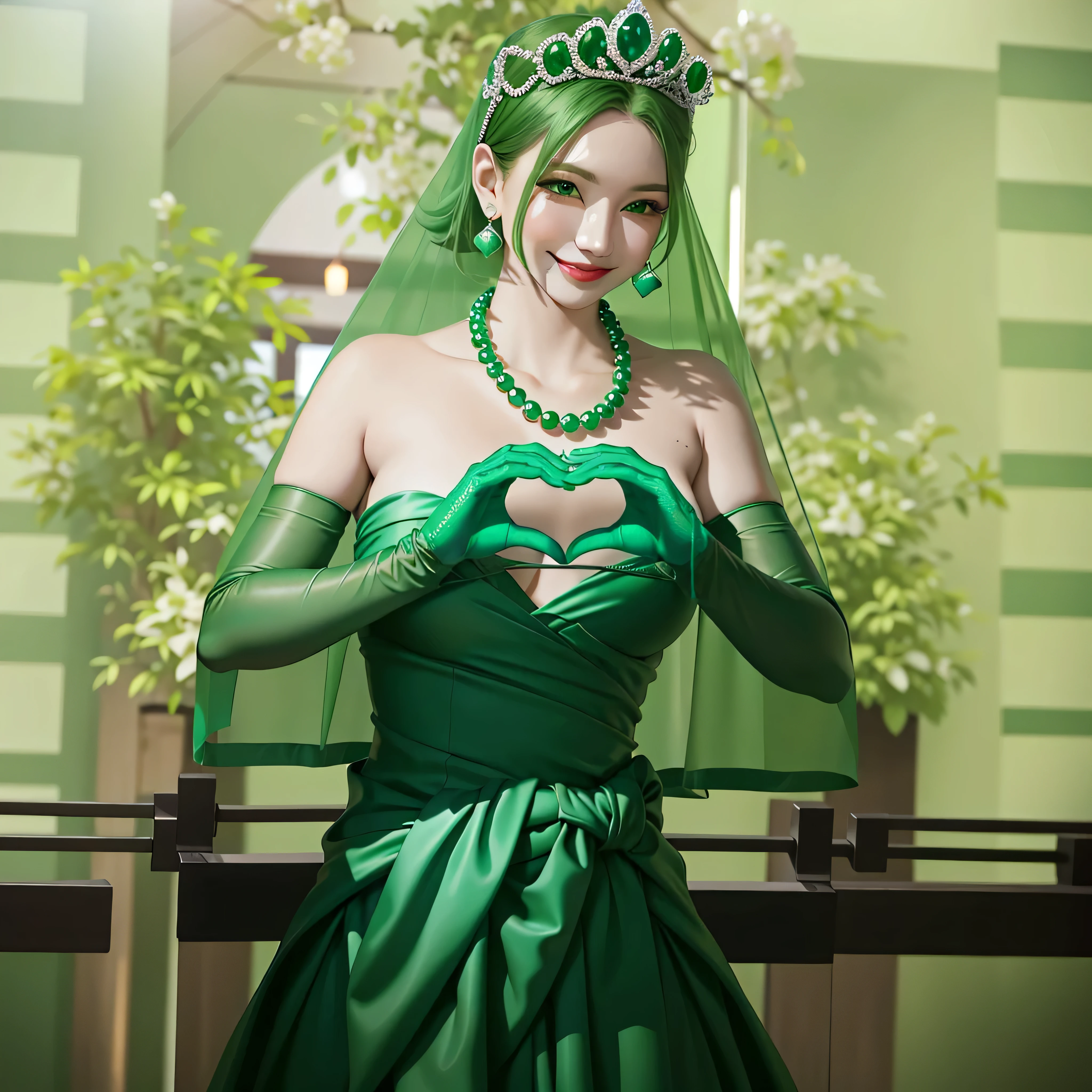 Emerald tiara, Green Pearl Necklace, Boyish very short green hair, Green Lips, Smiling Japanese woman, Very short hair, Busty beautiful lady, Green Eyes, Green satin long gloves, Green Eyes, Emerald Earrings, Green Veil, Heart with both hands, Green Hair, Beautiful Japanese Woman, Heart shaped hands:1.3, green lip gloss