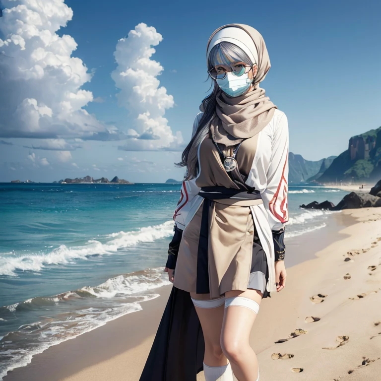 ((masterpiece)), ((best quality)), ((highres)), ((extremely detailed CG unity 8k wallpaper)), solo, hijab, glasses, tachibana kanade, tan , black skirt, white socks, outdoors, face, curtained hair, beach, parted hair, silver hair