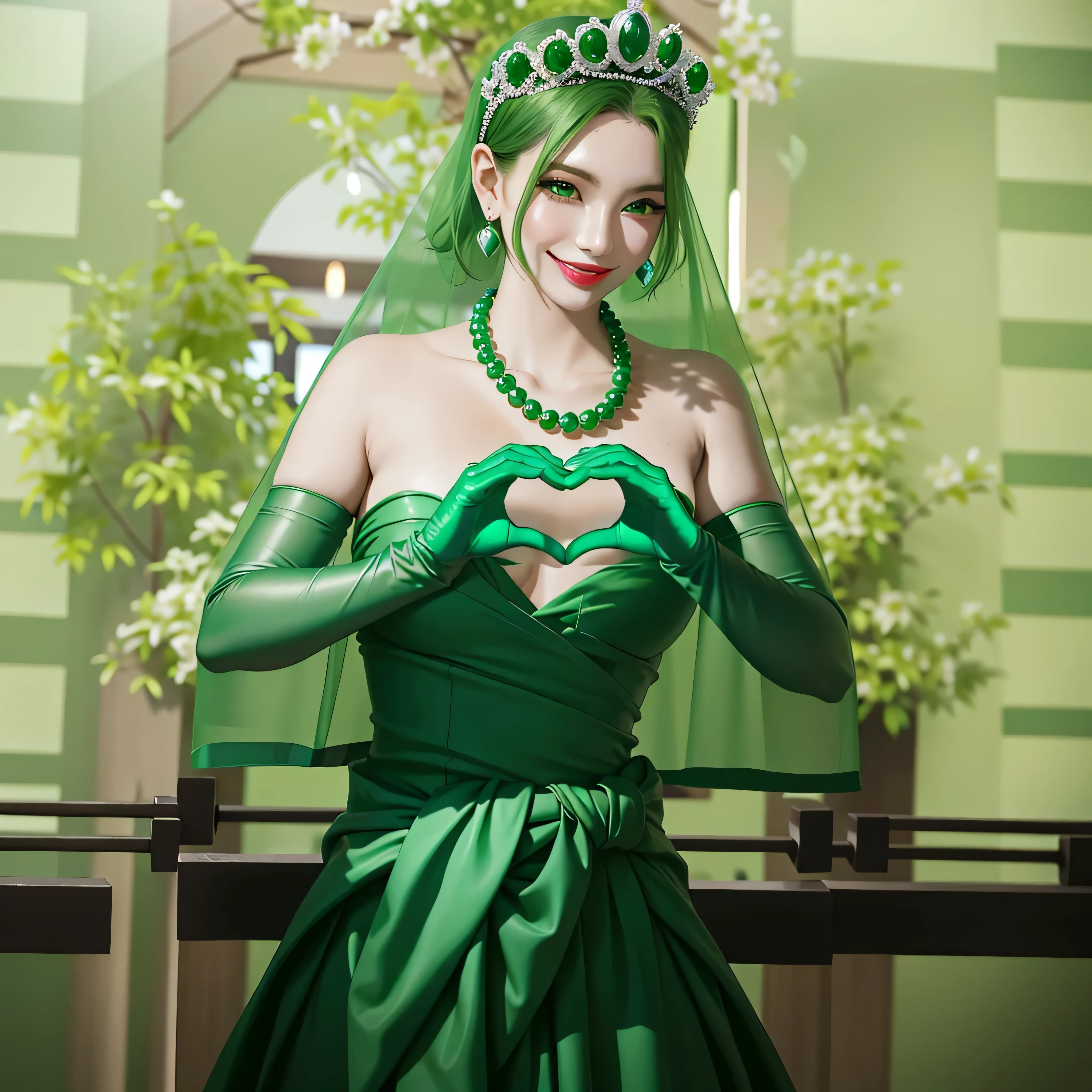 Emerald tiara, Green Pearl Necklace, Boyish very short green hair, Green Lips, Smiling Japanese woman, Very short hair, Busty beautiful lady, Green Eyes, Green satin long gloves, Green Eyes, Emerald Earrings, Green Veil, Heart with both hands, Green Hair, Beautiful Japanese Woman, Heart shaped hands:1.3, green lip gloss