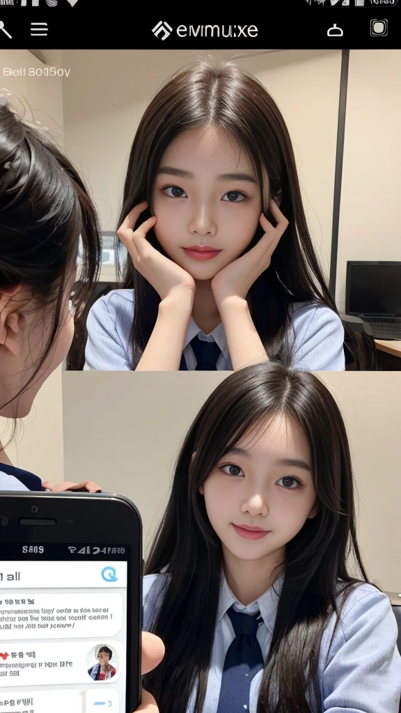 (high quality), (NSFW:1.2), Split screen vertically, 1 girl and 1 man are enjoying online chatting by exchanging own photos and messages using a smartphone chatting app, 18 years old, korean, long distance relationship, The text is written in English., they weared korean high school uniforms, whole body, A woman focuses her eyes on the mobile phone screen and is happy, Upload your photos to an online community using a smartphone app, It's like a cartoon, with men going crazy over a woman's post online., They're sending a message to a girl asking to chat, You are amused by their reactions, light makeup, slim figure, (girl weared thin and natural pantyhose : 1.9), (girl weared slim high_school uniform_pencil skirt and blouse : 1.6),(a man weared high school uniform_shirts and pants:1.5), (they weared school uniform_blazer and tie), Separation of female and male cut scenes, The story flows like a cartoon., film cut