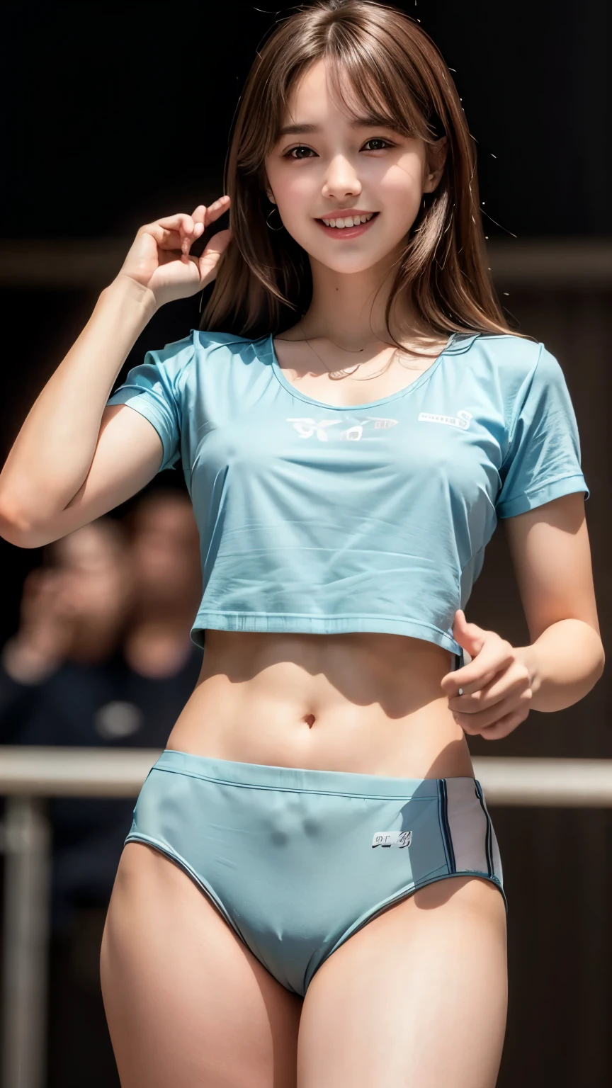 (highest quality, 8k, 32k, masterpiece, Hmph:1.2), (RAW Photos), (Realistic), (Realistic:1.2), (High resolution), (RAW Photos, Realistic:1.4), highest quality, masterpiece, 1 girl, Small brass,Cleavage, Brown Hair, Brown eyes, smile, lips,uniform、Light blue uniform 8k, Stage lighting, smile、whole body、Standing posture