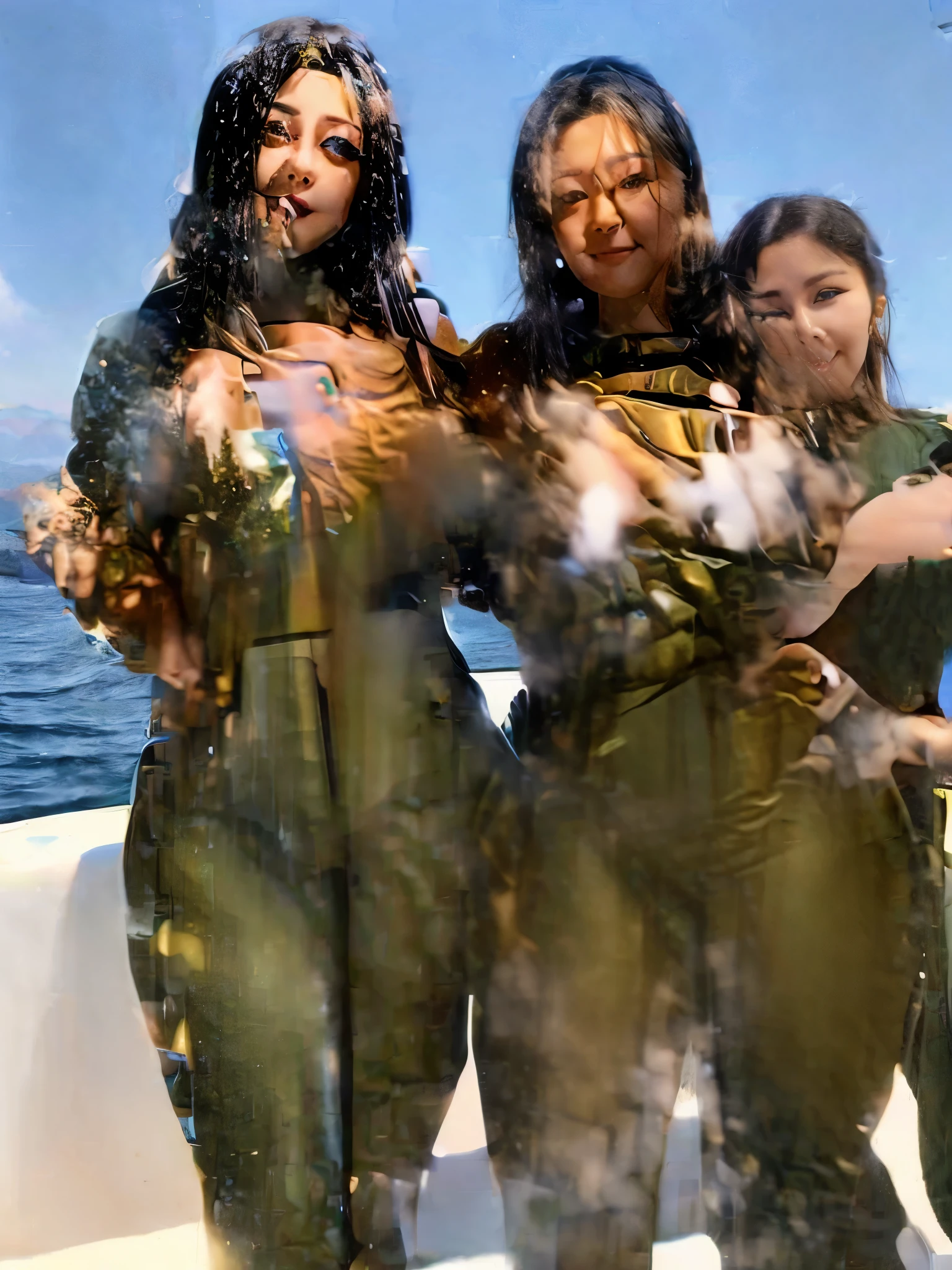 Two women are wearing matching green outfits. The women are standing on a boat dock, posing for the camera, with their arms around each other. The woman on the left is slightly behind the woman on the right. The woman on the left has long brown hair and the woman on the right has long black hair. They are both wearing tight, form-fitting green shorts and shirts and black thigh-high socks. Both women are smiling and seem to be enjoying themselves. The background shows a body of water with mountains in the distance.