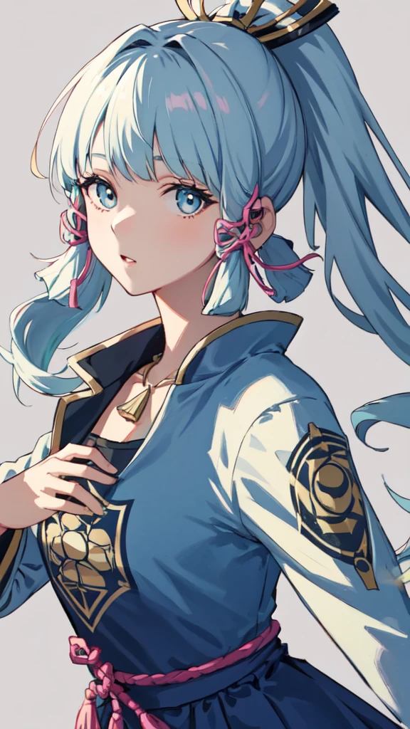 (masterpiece), (best quality), (ultra detailed), (disheveled hair), (illustration), (1girl), (Fashionable clothing), standing, Fashion model, looking at viewer, (interview), (simple background), beautiful detailed eyes, delicate beautiful face, Floating, (high saturation), (colorful splashes), colorful bubble, (shining), focus on face, ponytail, kamisato ayaka, light blue hair, bangs, hair ring, floating flowers, floating hairs, (shining), best lighting, best shadow,