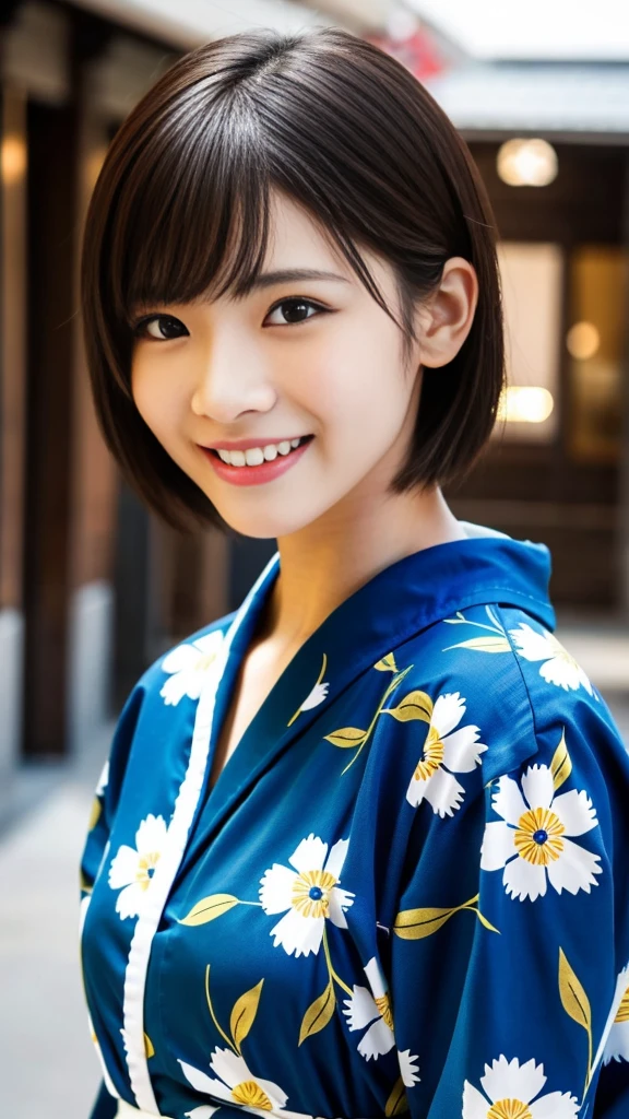 Correct human anatomy,A beautiful girl, beautiful detailed eyes, beautiful detailed lips, extremely detailed eyes and face, longeyelashes, slender woman body, yukata slim fit, beautiful short hair, big smile, incredibly beautiful skin, professional lighting, bright lighting, photorealistic, 8k, high resolution, best quality, masterpiece, ultra-detailed, vivid colors, moonlit night
